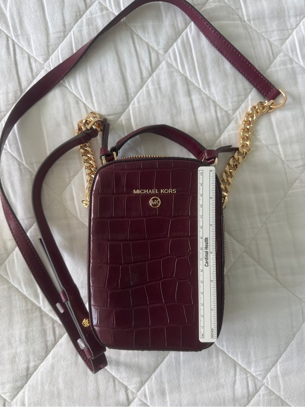 Michael Kors Croc-Embossed Dark Burgundy Crossbody Phone Bag with Gold Hardware